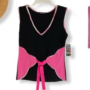 RAMA Boho Sleeveless Top Black Pink Ribbon Medium